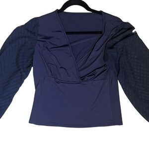 Chic Navy Wrap Blouse with Sheer Sleeves
